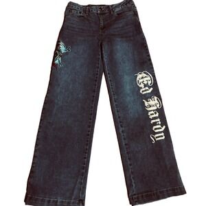 Ed Hardy Jeans Womens 28 Blue Embroidered Eagle Y2K wide leg